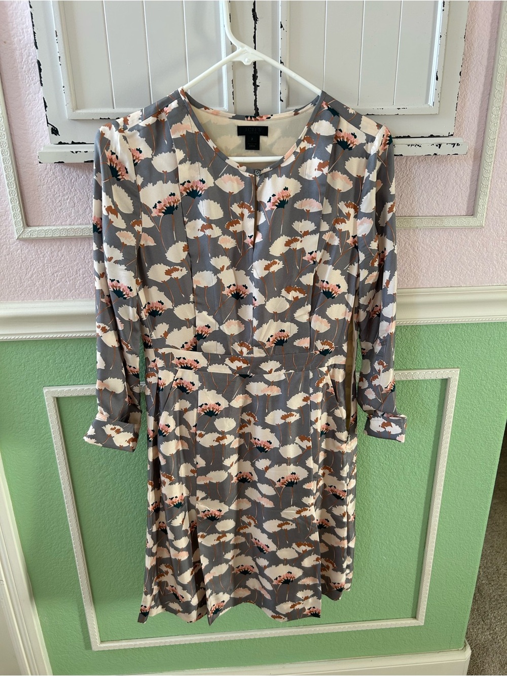 J. Crew Grey Floral Long-Sleeve Fit-and-Flare Dress with Cream and Blush Accents